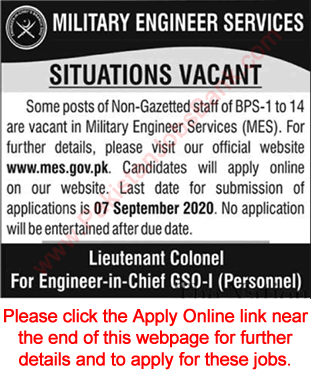 Military Engineering Services Jobs August 2020 MES Apply Online Sub Engineers, Clerks & Others Latest