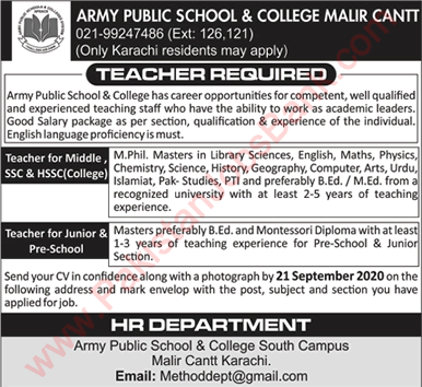 Army Public School and College Malir Cantt Karachi Jobs September 2020 for Teachers APS&C Latest