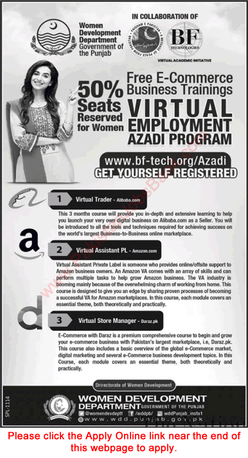 Women Development Department Punjab Free E-Commerce Training 2020 September Apply Online Latest