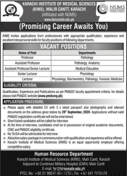 Karachi Institute of Medical Sciences Jobs 2020 September Teaching Faculty KIMS Latest