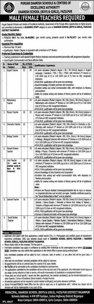 Teaching Jobs in Daanish School Fazilpur October 2020 Rajanpur PDS&CEA Centers of Excellence Authority Latest