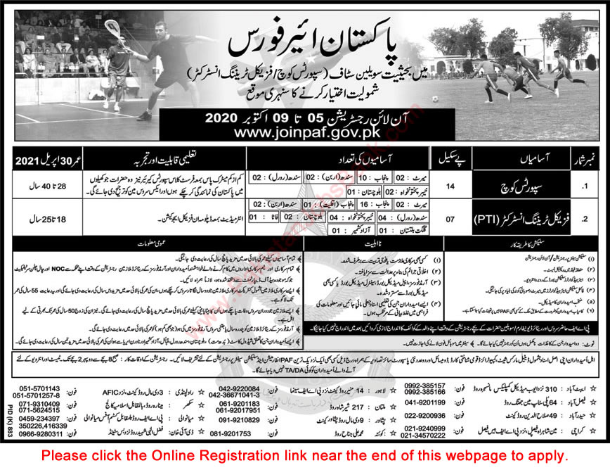 Pakistan Air Force Jobs October 2020 Sports Coach & Physical Training Instructor Online Registration PAF Latest