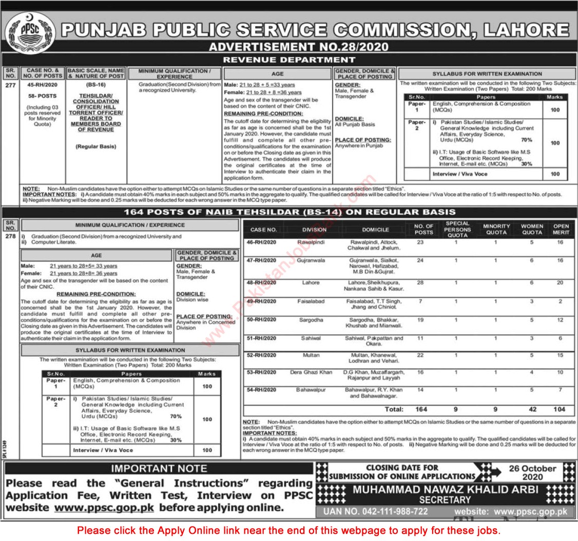 Naib / Tehsildar Jobs in Revenue Department Punjab October 2020 PPSC Online Application Form Latest