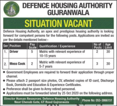 DHA Gujranwala Jobs October 2020 Cooks & Drivers Defence Housing Authority Latest