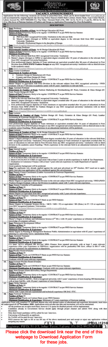 Pakistan Institute of Fashion Design Lahore Jobs October 2020 Application Form Download PIFD Latest