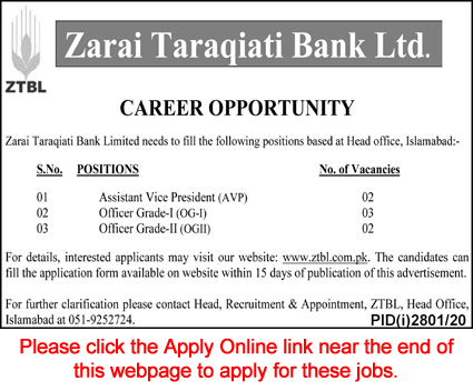 ZTBL Jobs November 2020 December Apply Online Zarai Taraqiati Bank Limited Latest