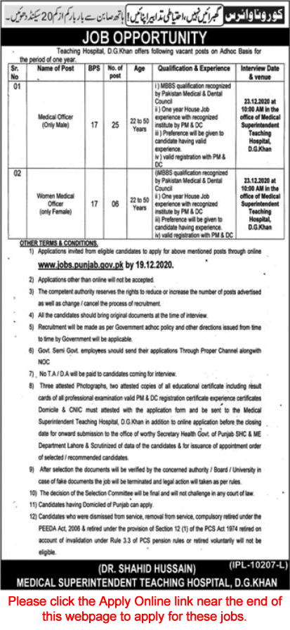 Medical Officer Jobs in Teaching Hospital Dera Ghazi Khan 2020 November / December Apply Online Latest