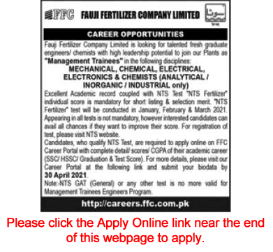 FFC Management Trainee Jobs December 2020 Apply Online Fauji Fertilizer Company Limited Latest