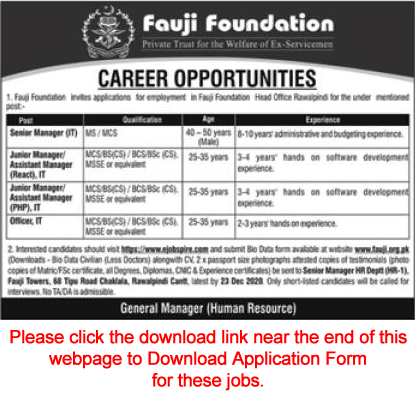 Fauji Foundation Rawalpindi Jobs December 2020 Application Form IT Managers & Officers Latest