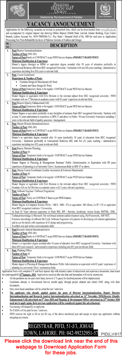 Pakistan Institute of Fashion Design Lahore Jobs December 2020 PIFD Application Form Latest