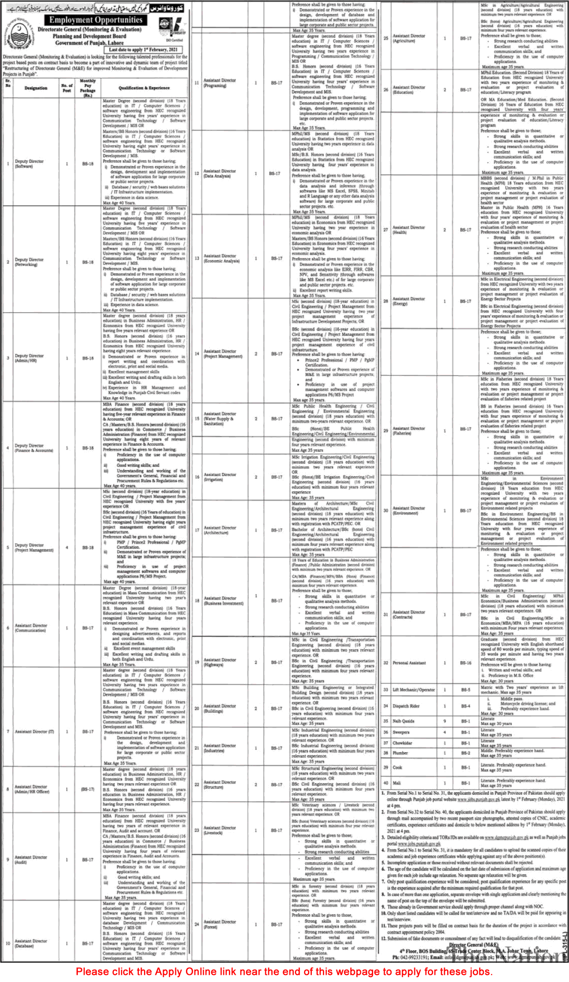 Planning and Development Board Punjab Jobs 2021 Apply Online Assistant Directors & Others Latest
