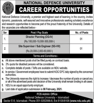 National Defence University Islamabad Jobs 2021 January NDU Latest