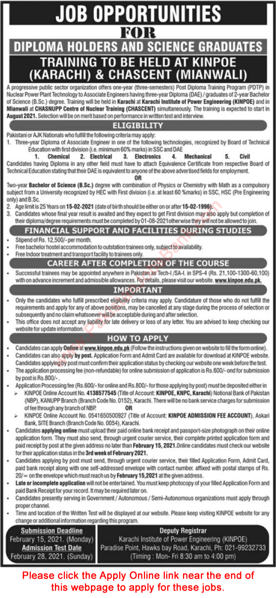 KINPOE & CHASCENT PDTP 2021 DAE Diploma Holders & Science Graduates Jobs in PAEC Online Apply Latest