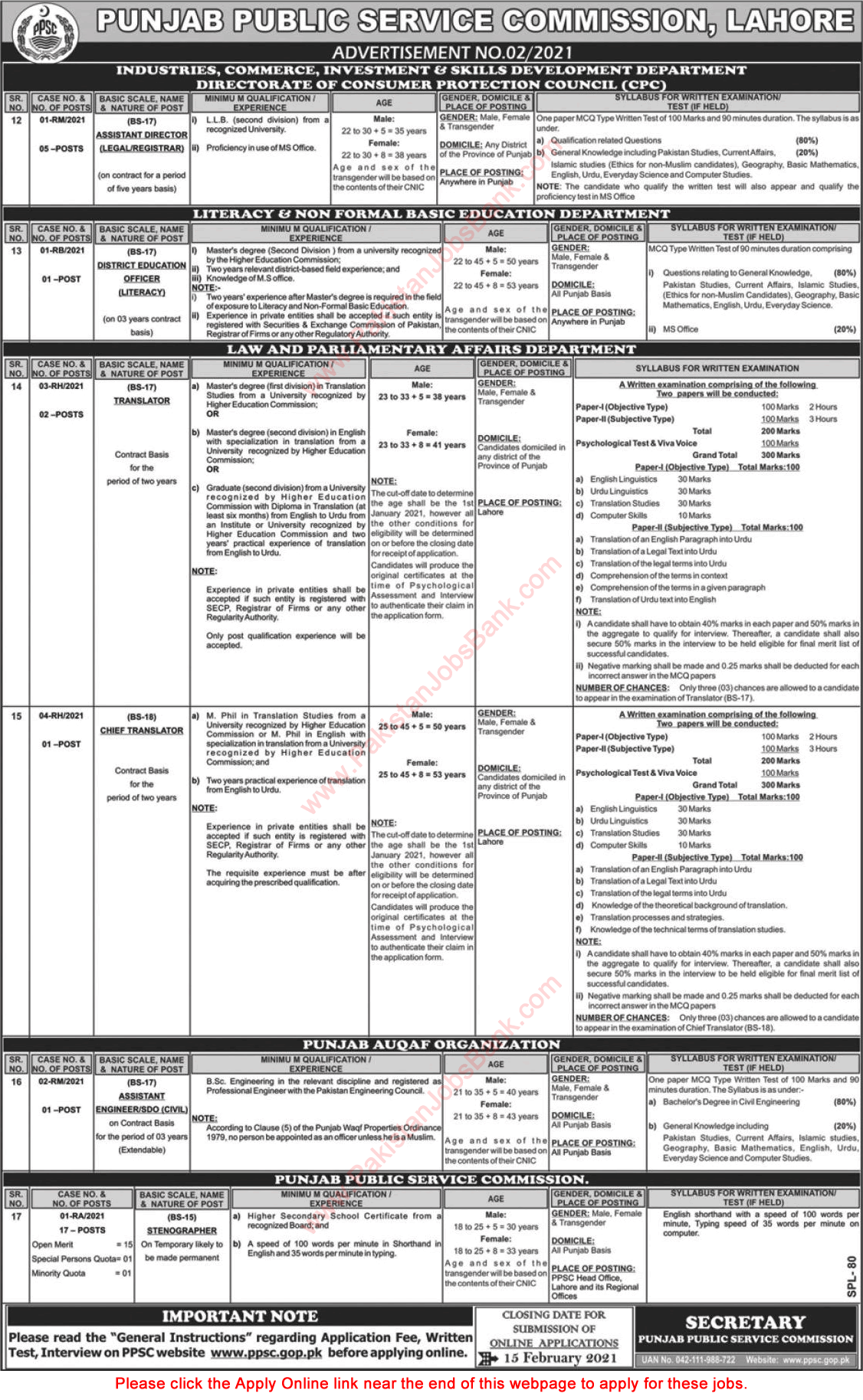 PPSC Jobs 2021 January / February Apply Online Consolidated Advertisement No 02/2021 Latest