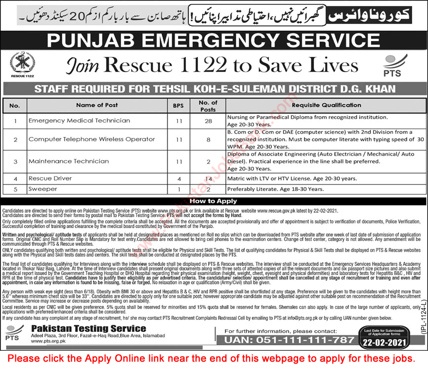 Punjab Emergency Service Rescue 1122 Jobs 2021 February PTS Apply Online Koh-e-Suleman Dera Ghazi Khan Latest