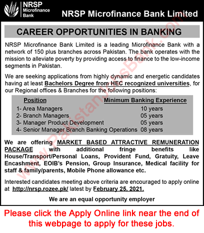 NRSP Microfinance Bank Limited Jobs 2021 February Apply Online Area / Branch Managers & Others Latest
