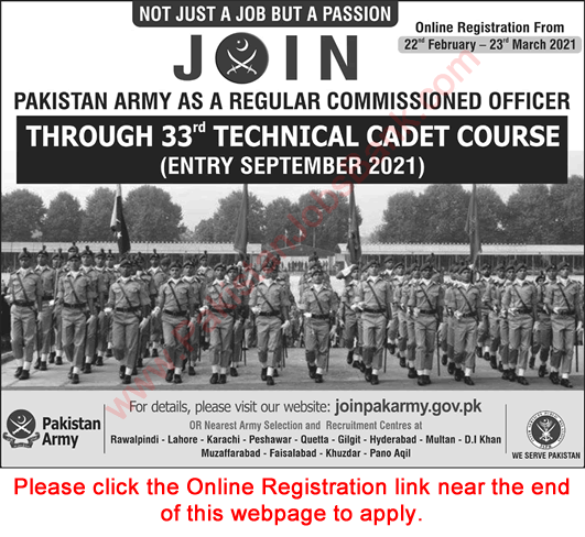 Join Pakistan Army through 32th Technical Cadet Course 2021 February Online Registration as Regular Commissioned Officer Latest