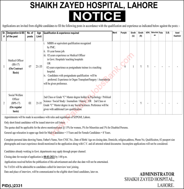 Shaikh Zayed Hospital Lahore Jobs 2021 February Medical Officers & Social Welfare Officer Latest