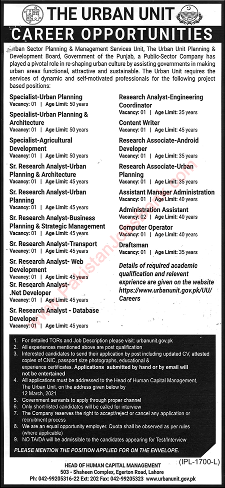 The Urban Unit Punjab Jobs 2021 February Research Analysts & Others Latest