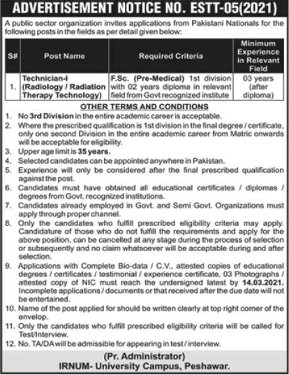 Medical Technician Jobs in IRNUM Hospital Peshawar 2021 February / March PAEC Radiology Technician Latest