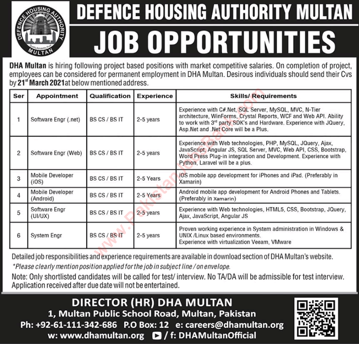 DHA Multan Jobs 2021 March Software Engineers & Others Defence Housing Authority Latest