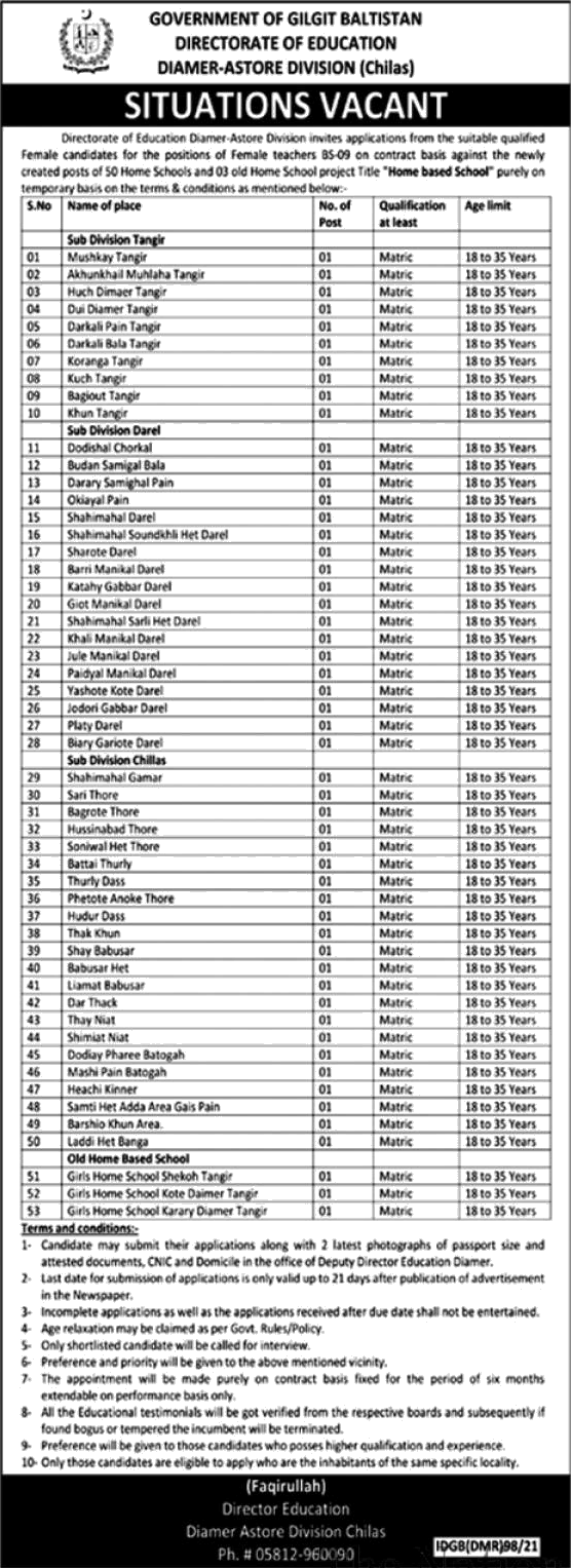 Female Teacher Jobs in Education Department Gilgit Baltistan 2021 March Diamer / Astore Division Latest