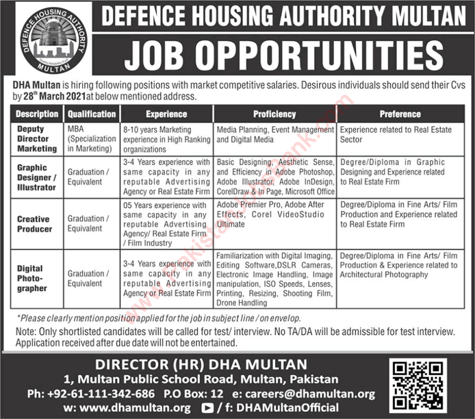 DHA Multan Jobs 2021 March Graphic Designer & Others Defence Housing Authority Latest