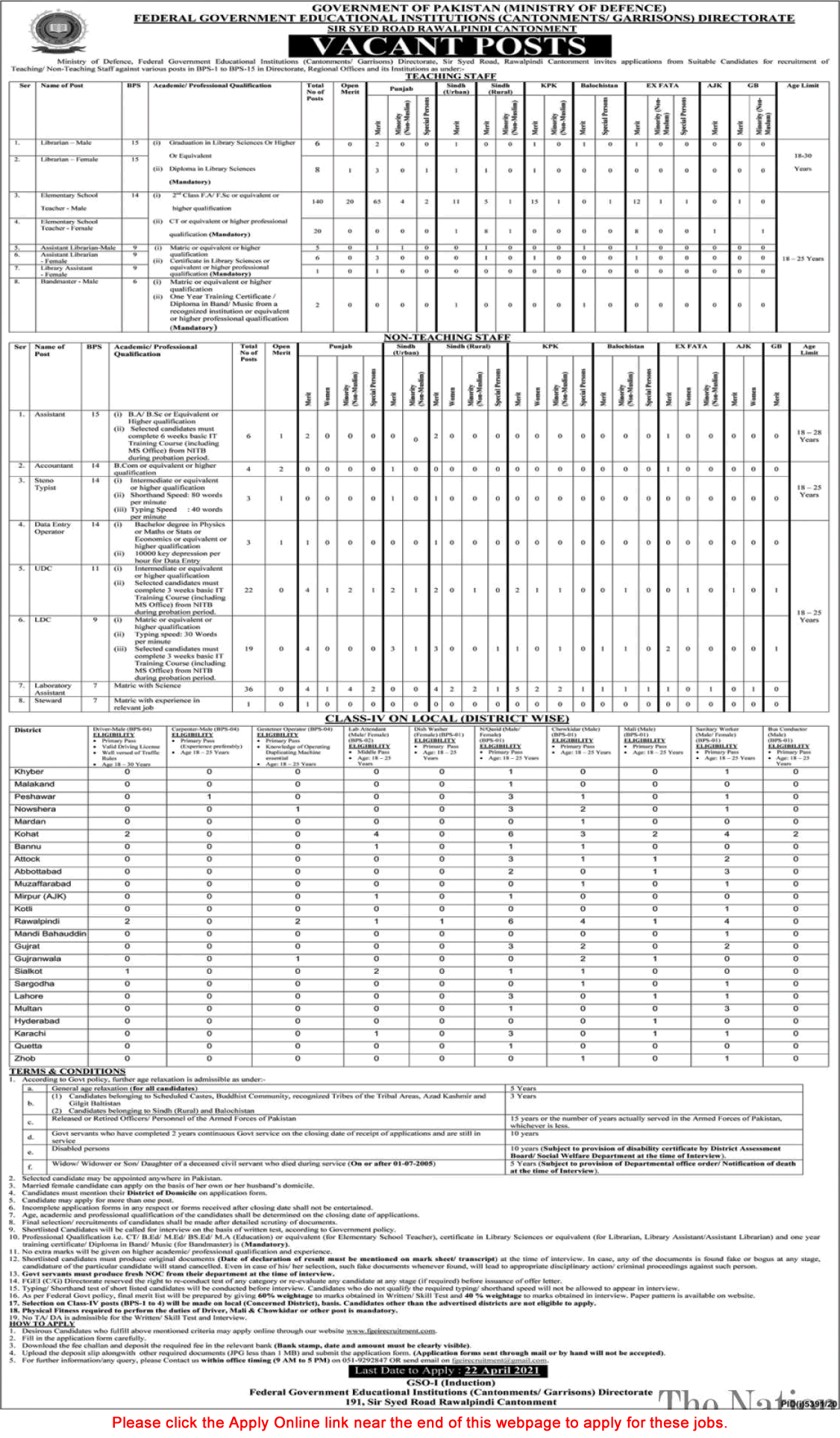 Federal Government Educational Institutions Cantt Garrison Jobs 2021 April Apply Online Latest / New