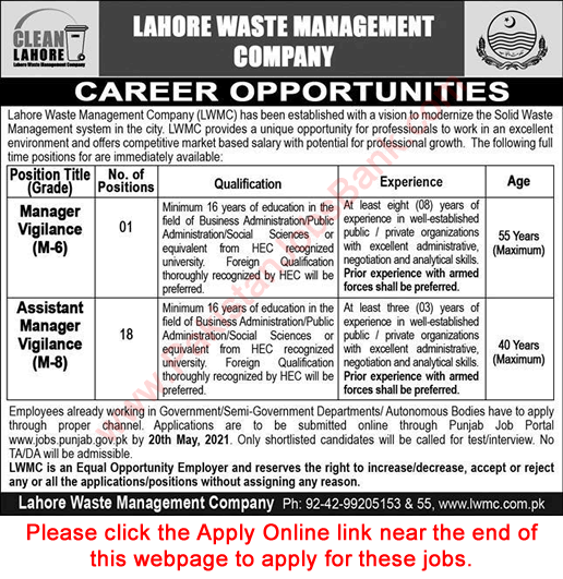 Lahore Waste Management Company Jobs May 2021 Apply Online Assistant / Manager Vigilance Latest