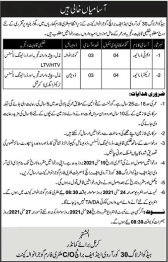 Driver Jobs in Headquarter Log 30 Corps Gujranwala 2021 May Pakistan Army Latest