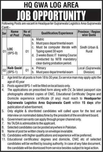 Headquarter Gujranwala Logistics Area Jobs 2021 May Clerk & Naib Qasid Pakistan Army Latest