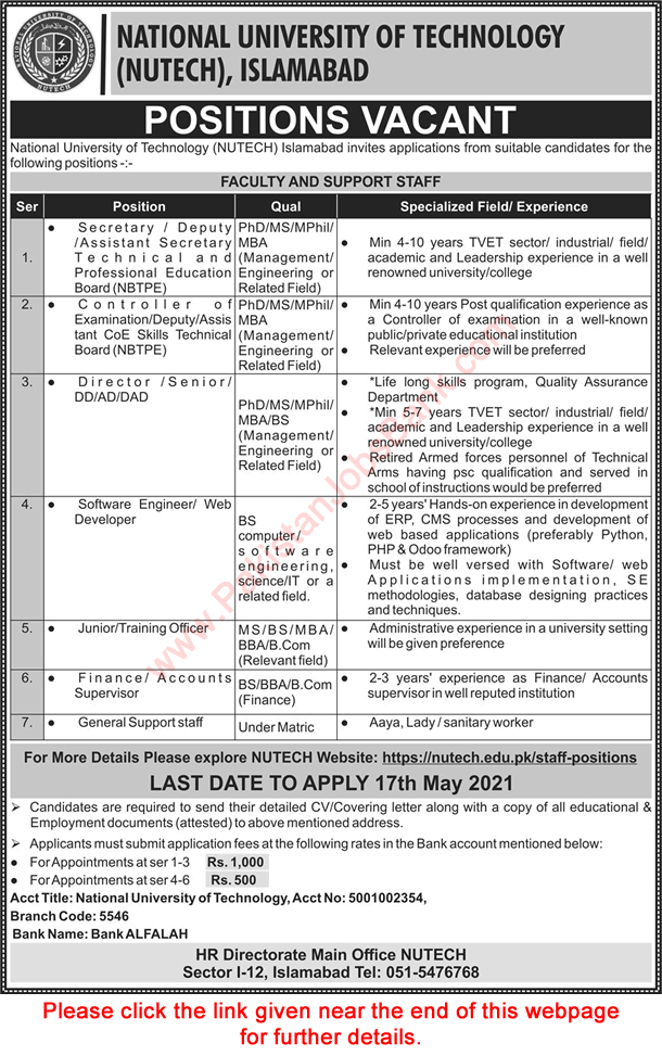 NUTECH University Islamabad Jobs May 2021 National University of Technology Latest