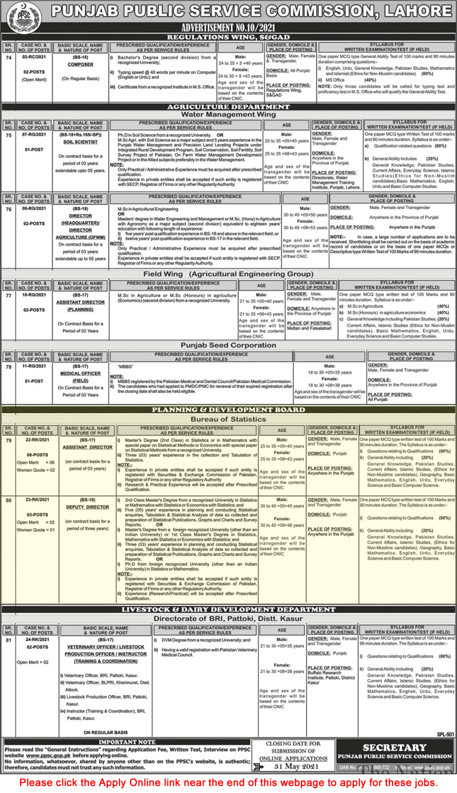 Planning and Development Board Punjab Jobs May 2021 PPSC Apply Online Bureau of Statistics Latest