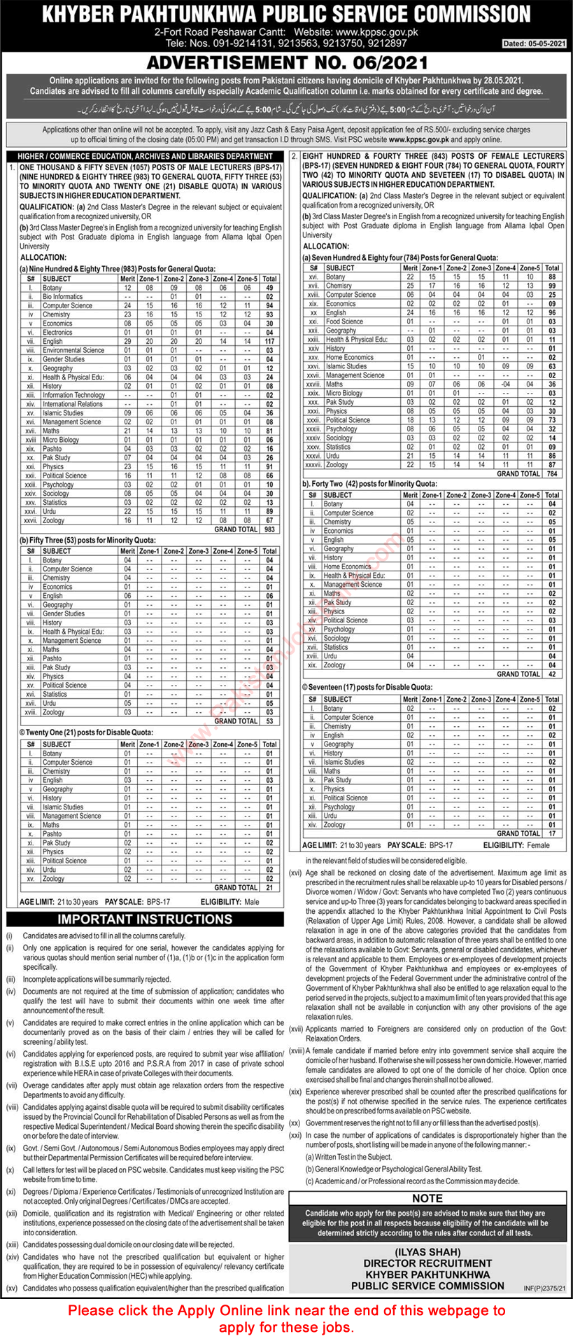 Lecturer Jobs in Higher Education Department KPK May 2021 KPPSC Online Application Form Latest