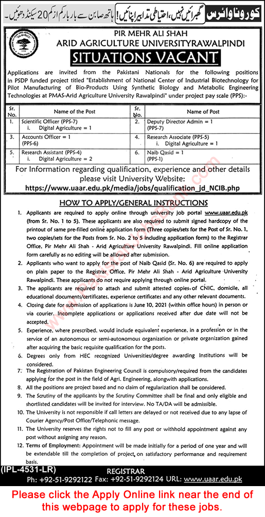 Arid Agriculture University Rawalpindi Jobs May 2021 PMAS AAUR Apply Online Latest