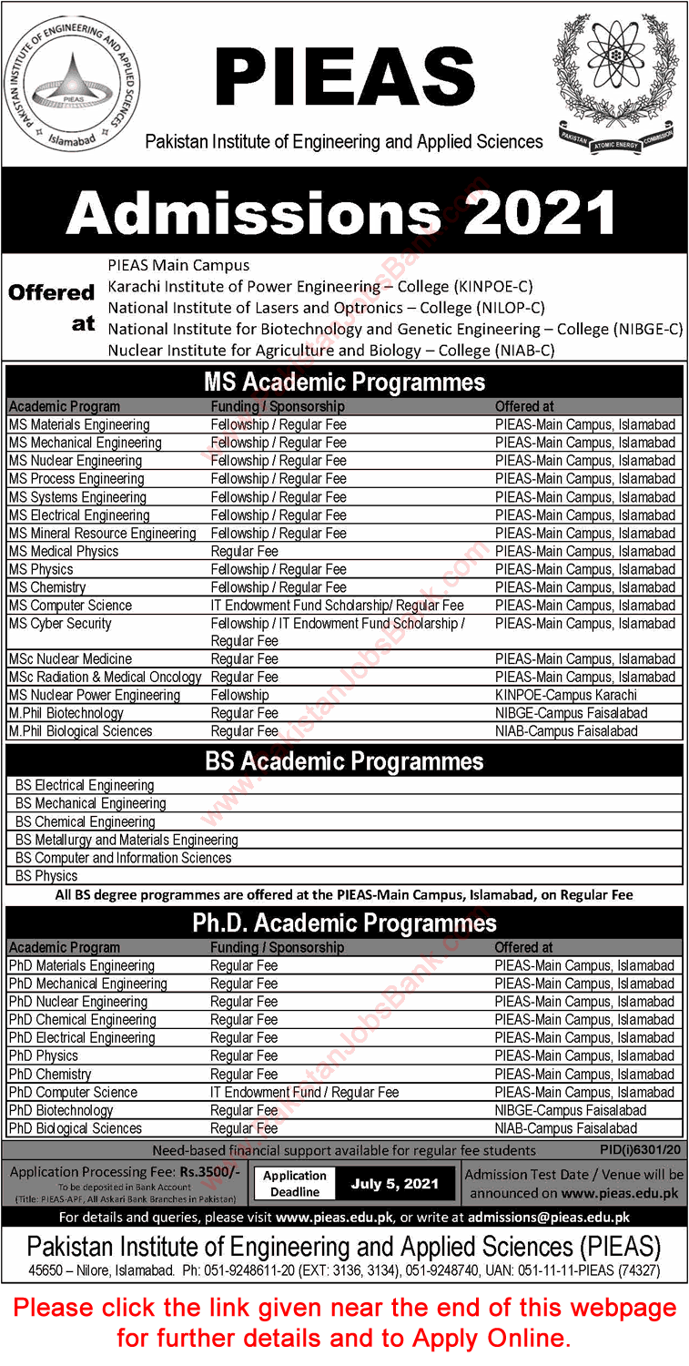 PIEAS Fellowships 2021 May MS Programs for Engineers, Scientists & Doctors PAEC KINPOE Online Apply Latest