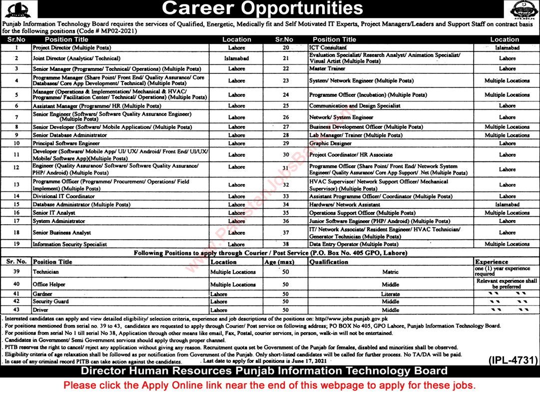 PITB Jobs May 2021 Apply Online Punjab Information Technology Board Latest
