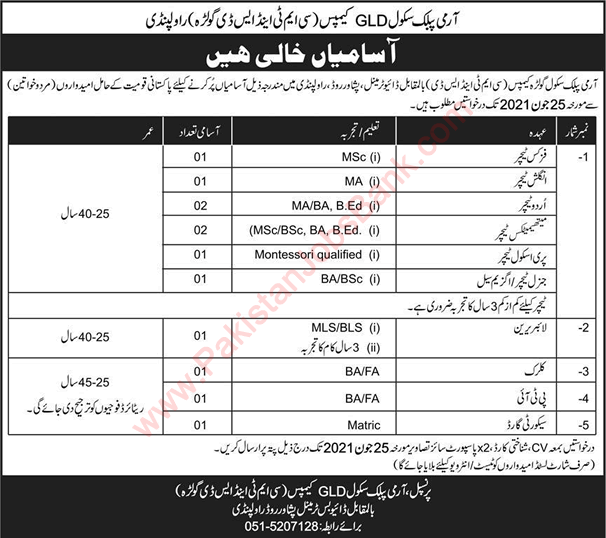 Army Public School Rawalpindi Jobs June 2021 Teachers & Others GLD Campus CMT &SD Latest