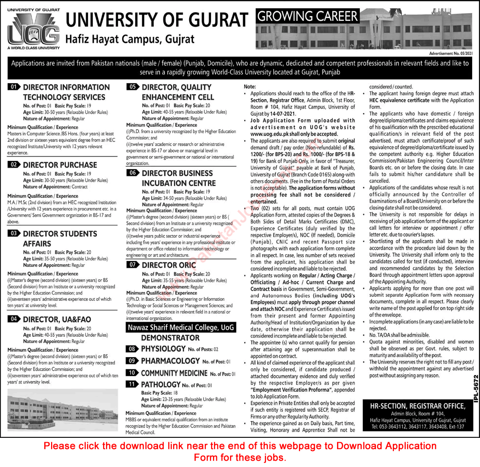 University of Gujrat Jobs June 2021 Application Form UOG Hafiz Hayat Campus Latest