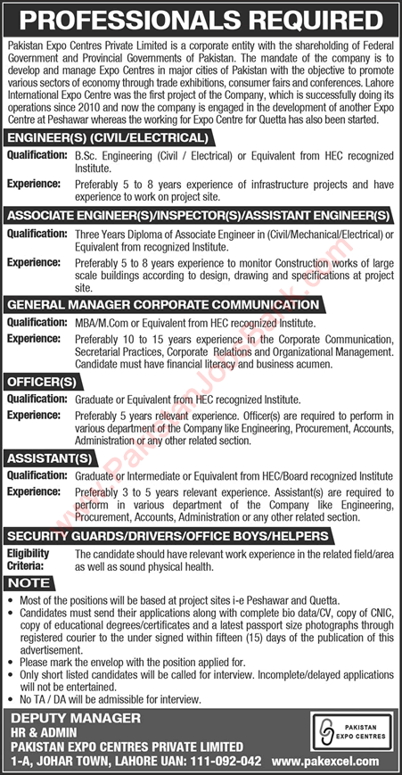 Pakistan Expo Centres Pvt Ltd Jobs 2021 June Engineers, Officers & Others Latest
