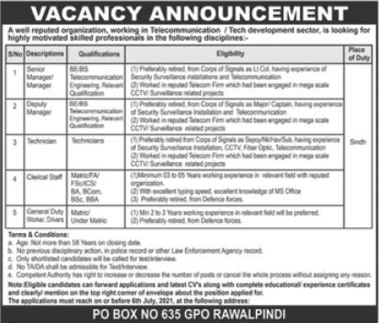 PO Box 635 GPO Rawalpindi Jobs June 2021 Technicians, Clerks & Others Latest