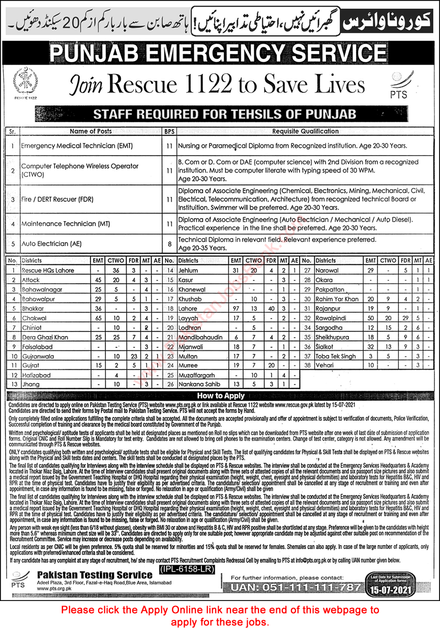 Punjab Emergency Service Rescue 1122 Jobs June 2021 PTS Apply Online Emergency Medical Technicians & Others Latest