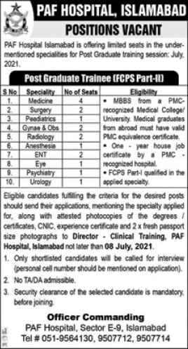 PAF Hospital Islamabad FCPS Postgraduate Training June 2021 July Latest