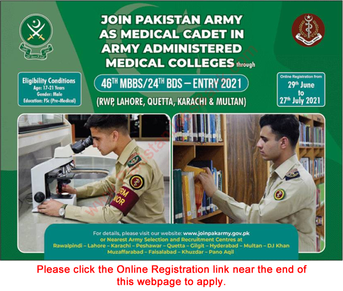 Join Pakistan Army as Medical Cadet June 2021 July Online Registration Through 46th MBBS / 24rd BDS Course Latest