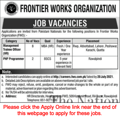 FWO Jobs July 2021 Apply Online Management Trainee Officers & PHP Programmers Latest