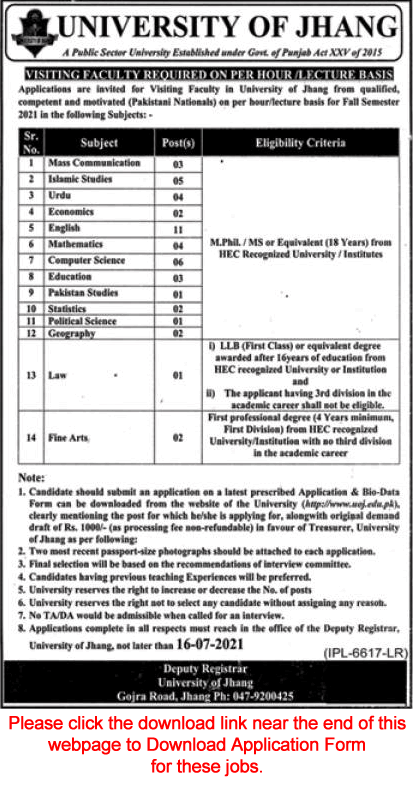 Teaching / Visiting Faculty Jobs in University of Jhang July 2021 Application Form Latest