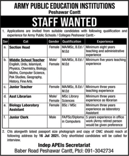 Army Public Schools and Colleges Peshawar Cantt Jobs July 2021 Teachers & Others APS&C Latest