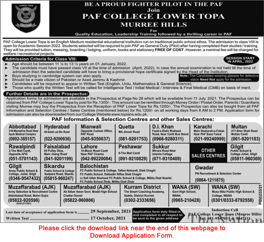 PAF College Lower Topa Murree Admission 8th Class 2021-2022 Join to be a GD Pilot in Pakistan Air Force Latest