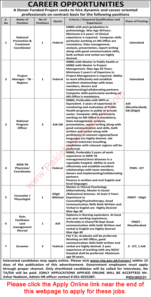 National TB Control Program Pakistan Jobs August 2021 Apply Online NTP Donor Funded Project Latest