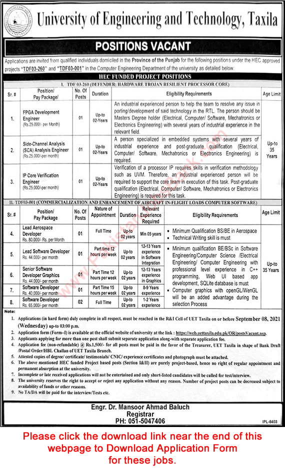 UET Taxila Jobs August 2021 Application Form University of Engineering and Technology Latest